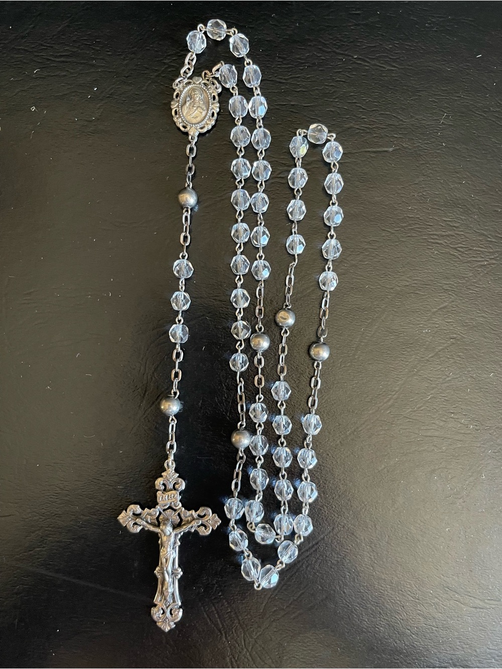 Vintage sterling silver Crystal Bead Rosary Necklace with Cross.